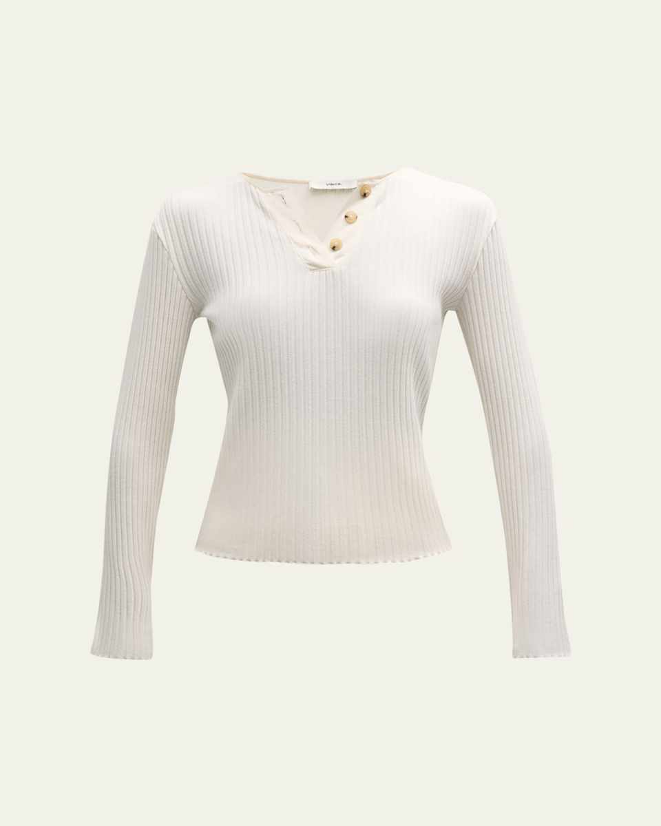 Rib-Knit Long-Sleeve Henley Top
